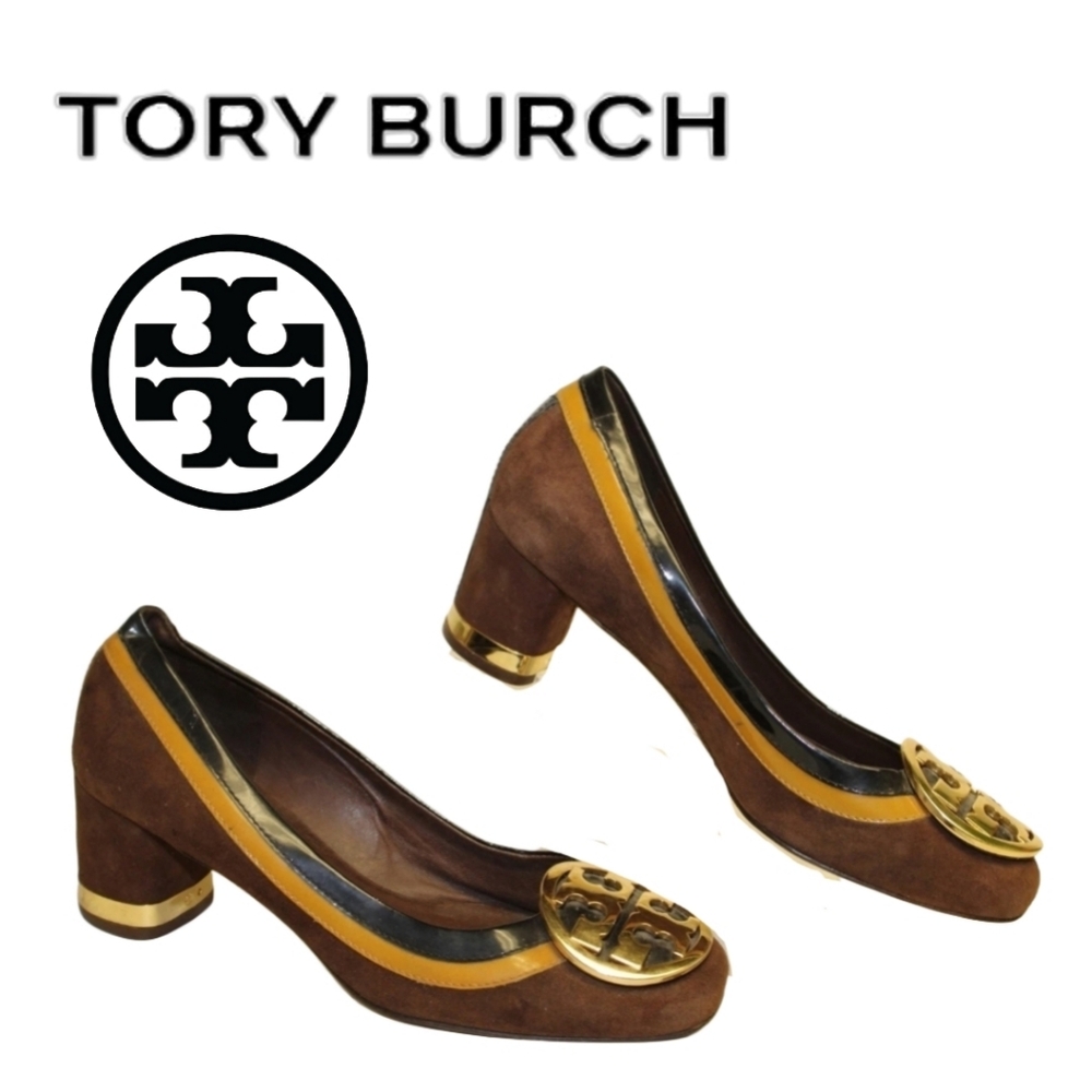 Tory Burch Brown Suede Block Heel Pumps with Gold Logo